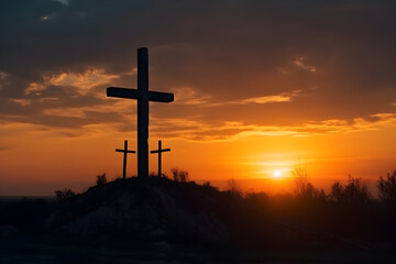 Crosses silhouetted against the setting sun in the mountains. Ash Wednesday, Good Friday, Easter Sunday, Easter Monday, All Saints Day Religious concept