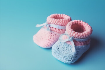 Fototapeta na wymiar Cute pink knitted baby booties on a blue background with copyspace. Gender Reveal concept, Flat lay, top view, for banner background