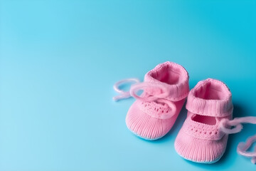 Cute pink knitted baby booties on a blue background with copyspace. Gender Reveal concept, Flat lay, top view, for banner background