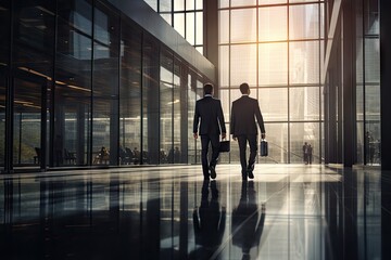 Two business partners walking in an office building, exchanging ideas and concepts. - obrazy, fototapety, plakaty