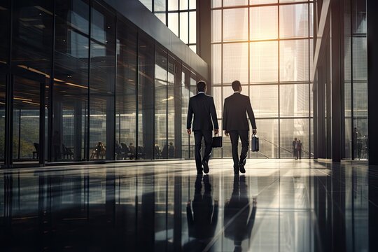 Two Business Partners Walking In An Office Building, Exchanging Ideas And Concepts.