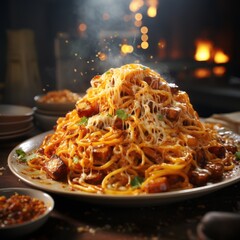 A delicious serving of pasta in a restaurant. Generative AI. 