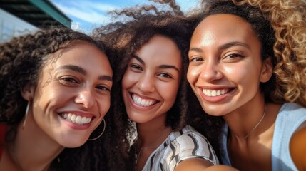Obraz premium lively selfie of a diverse group of friends,smiling and posing together, capturing their joyful bond
