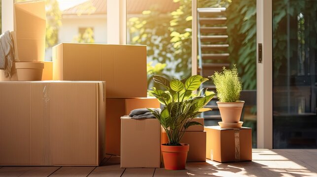 Moving home boxes and potted plants arranged in front of a window, buying a new home concept