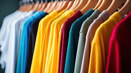 A variety of vibrant shirts on hangers in a clothing store. - obrazy, fototapety, plakaty