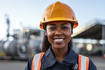 A black woman in a hard hat and safety vest working on a refinery site. African american women - obrazy, fototapety, plakaty