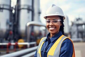 A black woman in a hard hat and safety vest working on a refinery site. African american women