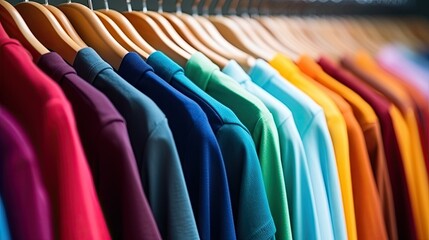 A variety of vibrant shirts on hangers in a clothing store.