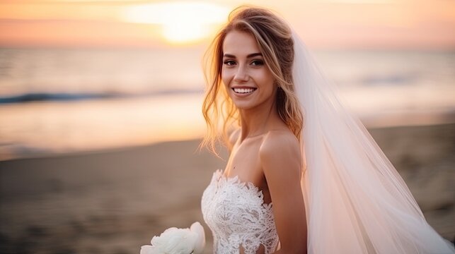 stunning bride stands in a golden field,the sun setting behind her in breathtaking display of beauty