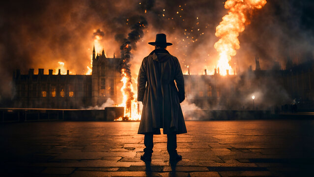 Anarchy concept of a Guy Fawkes style character standing in front of a burning building or the houses of parliament
