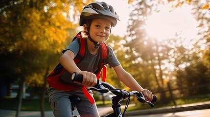 Obraz premium A young boy, wearing protective headgear, enjoys a bike ride