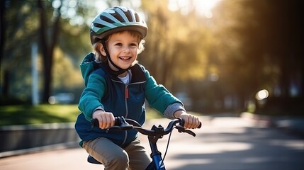 Naklejka premium A young boy wearing a helmet is cycling,enjoys a bike ride, demonstrating his commitment to safety.