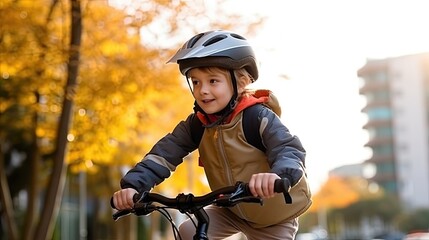 Obraz premium A young boy wearing a helmet is cycling,enjoys a bike ride, demonstrating his commitment to safety.