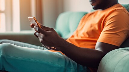 Close-up of an entrepreneur's hands checking messages on his cell phone while sitting on a couch.