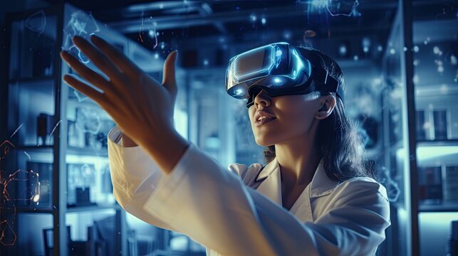 A female scientist wearing VR glasses in a laboratory, immersed in a virtual world.