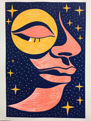 Moon face covered in stars, female face in a beautiful risograph style screenprint poster style