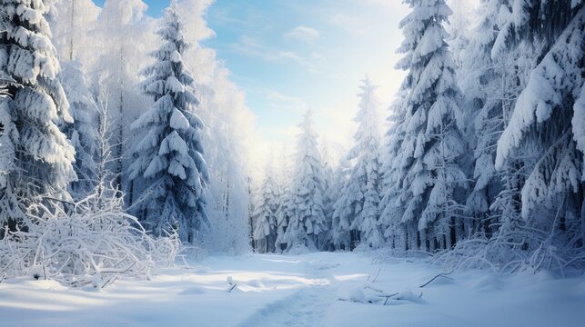 snow covered trees in winter, background image, AI generated