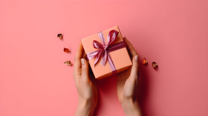 Female hands holding a gift box on a pink background with copyspace. Flat lay, top view, for banner background