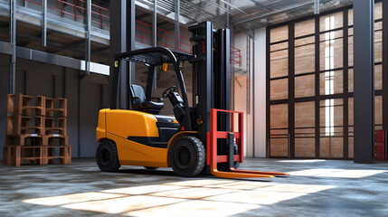 Forklift in warehouse. heavy industry, construction site concept.