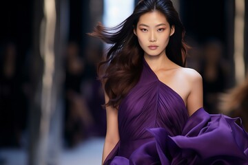 Oriental Model Captivates in Bold Purple Dress on Runway