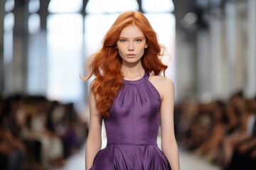 Redhead Model Charms in Royal Purple Dress on Runway