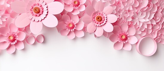 Womens Day banner with 8 shaped cut pink paper revealing spring flowers