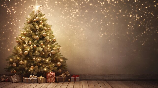 An image of a beautifully decorated Christmas tree illuminated with warm lights, set against a textured, rustic backdrop, with space for text to convey the cozy ambiance of the holidays. AI generated