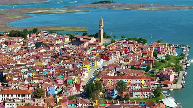 Aerial view of the colorful Burano Island in the Venetian Lagoon, Italy