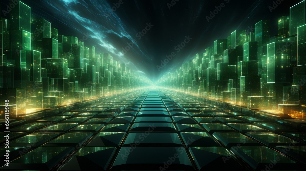 Wall mural an abstract technology background with green tunnel. generative ai.