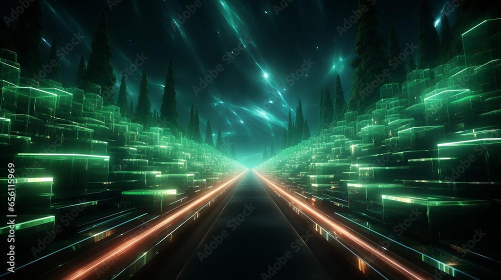 Wall mural an abstract technology background with green tunnel. generative ai.