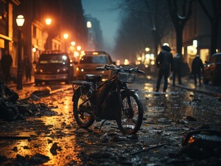 the consequence of a collision between a bicycle and a car on the road during riots on the streets. fragments on a wet road. road safety and life insurance concept.