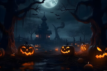 Halloween background with pumpkins and dead trees in dark spooky forest with copyspace. 3d rendering
