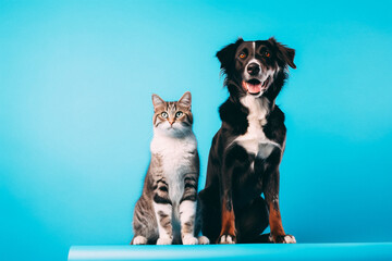 Dog and cat sitting for photo isolated on blue studio background