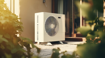 Air source heat pump stands outside the house. Clean energy concept, nobody. Modern technologies for home. 