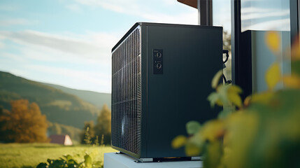 Black Air source heat pump stands outside the house. Clean energy concept, nobody. Modern technologies for home.  - obrazy, fototapety, plakaty