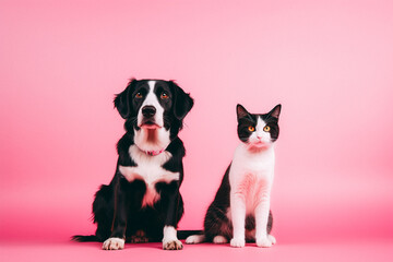 Fototapeta na wymiar Dog and cat sitting for photo isolated on pink studio background