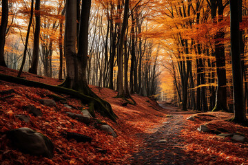 Fototapeta premium Vibrant Autumn Foliage Landscape - Red, Orange, Yellow Leaves - Forest & Countryside Beauty - Fall Season Scenery Created with Generative AI Tools