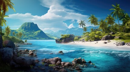 a beach with palm trees and rocks