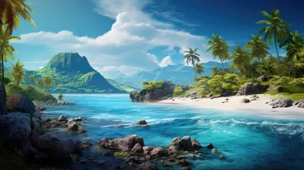 Fototapeten a beach with palm trees and rocks © Skyfe
