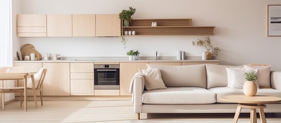Scandinavian style studio apartment with spacious interior bright ambiance warm colors trendy...