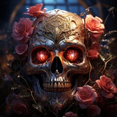 A skull with glowing eyes, intricate artwork on it and flowers. Generative AI. 