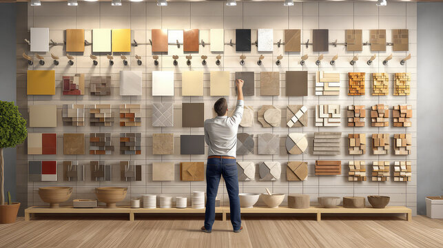 Hardware store, shop. Large selection of tiles for repair and design of apartments. Installation of tiles on a sample wall. 