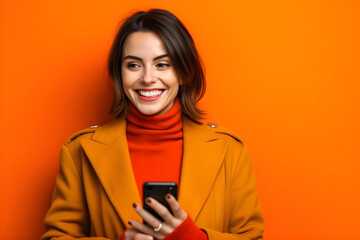 Happy young woman in eyeglasses using mobile phone isolated orange background with copyspace, for banner background