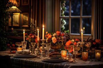 Fototapeta na wymiar Cozy Thanksgiving Dinner Table with Candlelight Ambiance | Festive Decor, Family Gathering, Seasonal Celebration | Created with generative AI tools