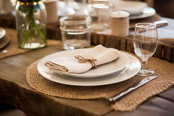 Cozy Farmhouse Table Setting with Wooden Chargers, Burlap Napkin Rings, Mason Jar Glasses - Rustic Dining Decor - Created with Generative AI Tools