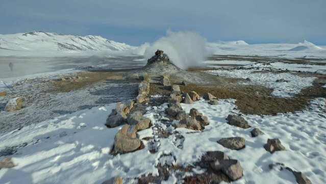 Camera pushes into hot geiser coming out of rocks