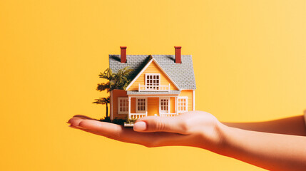 Fototapeta na wymiar isometric Miniature house in woman hands isolated on studio background