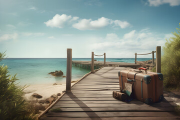 Luggage on the wooden pier with sea and blue sky background, Summer vacation, beach, summertime...
