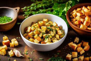 Fototapeta premium Mixing Bread Cubes, Herbs, Onions, and Celery in a Bowl - Created with Generative AI Tools