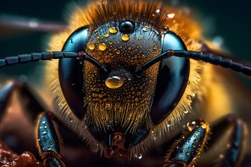 Zelfklevend Fotobehang Macro photo of a bee with a blurred background, Close up, macro lens photography © Canities